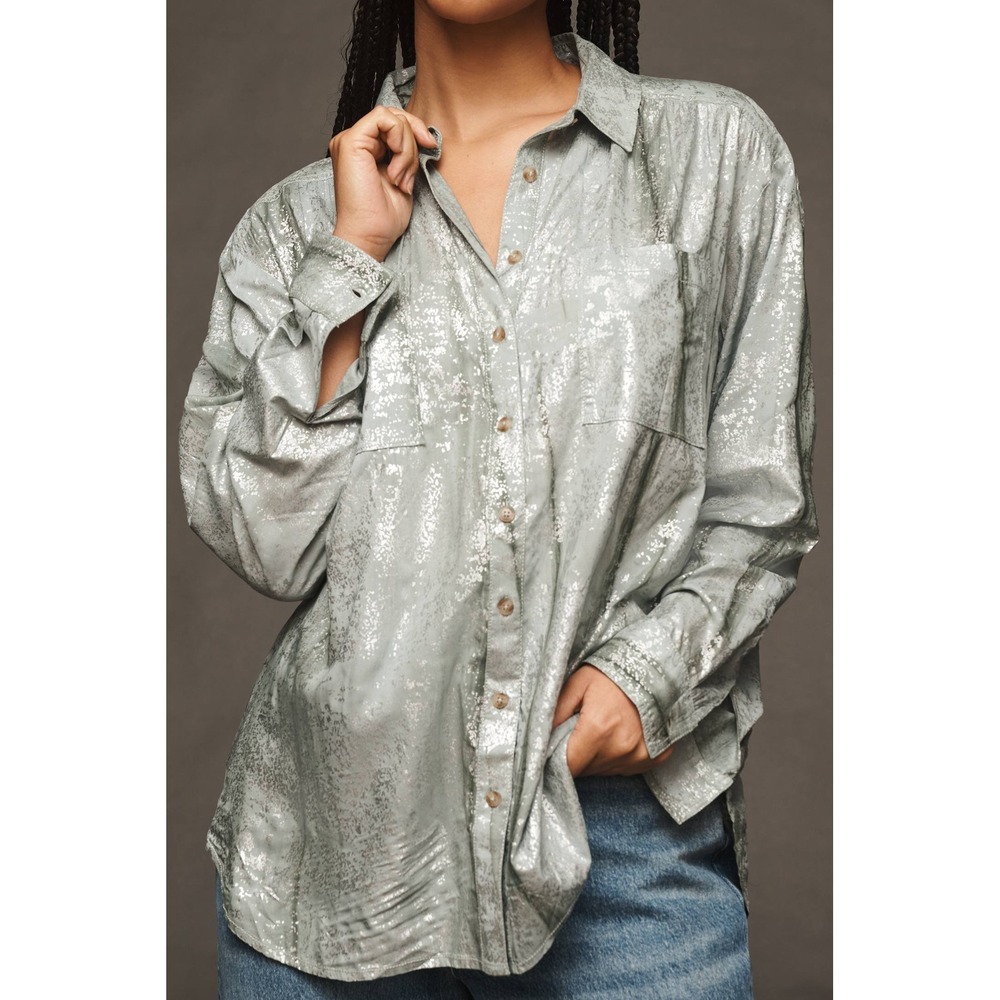 Pilcro Anthropologie Metallic Silver Foil Button Down Shirt Grey Rayon Large